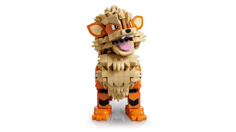 Front view of the LEGO Pokémon Arcanine 72160 model with its head turned and mouth open
