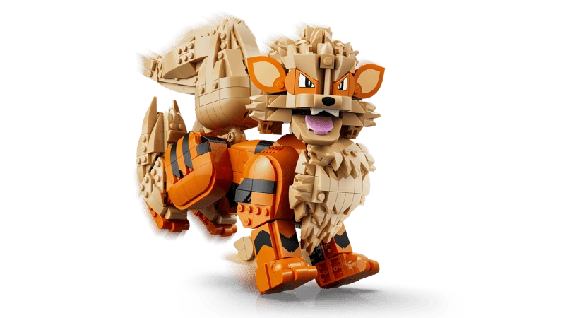 LEGO Pokémon Arcanine 72160 model posed with one front leg raised
