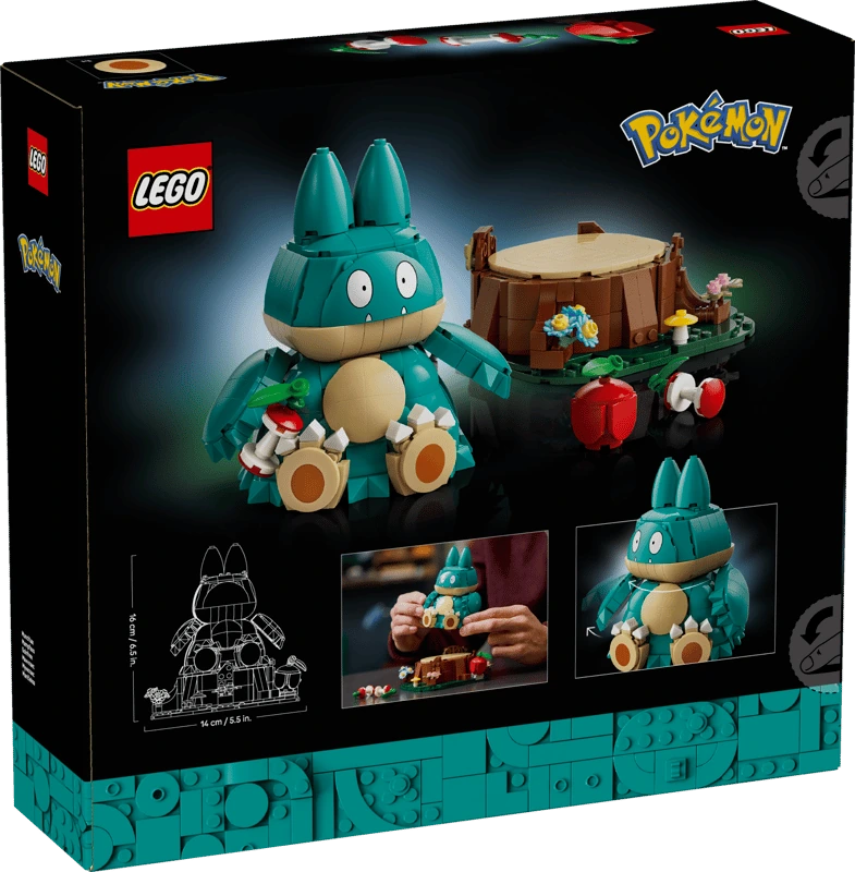 Back of the LEGO Pokémon Munchlax 72150 box showing the completed model, tree stump and pose feature images