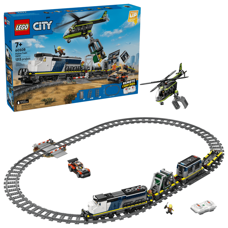LEGO Police Train Heist box beside the full train set with oval track, helicopter, rally car and remote control