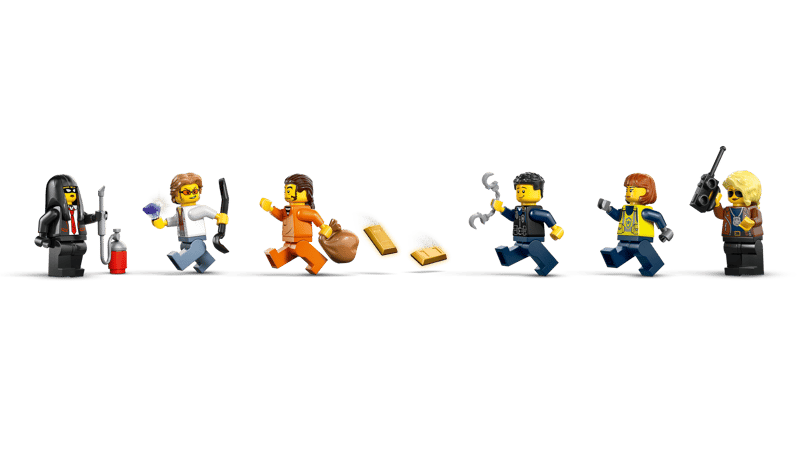 LEGO Police Train Heist minifigure lineup with 3 crooks, detective, police officer and train driver with accessories