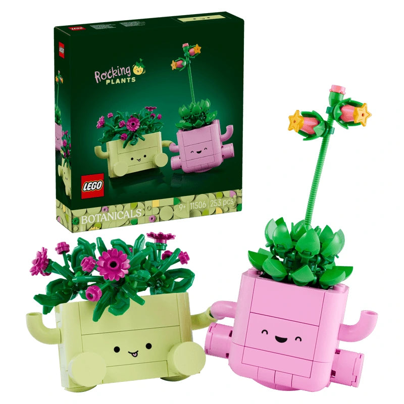 LEGO Rocking Plants box beside the two built plant models in smiling green and pink pots