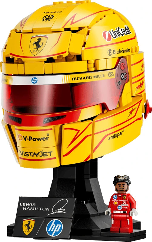 LEGO Scuderia Ferrari HP Lewis Hamilton Helmet shown from the front with height marker and Lewis Hamilton minifigure on a white background