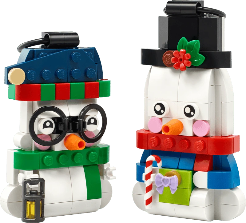 LEGO Snowman Ornaments 40812 with a glasses-wearing snowman holding a lantern and a top-hat snowman holding a gift