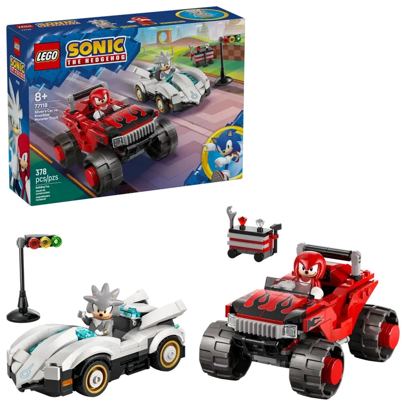 LEGO Sonic Silver’s Car vs Knuckles’ Monster Truck set showing retail box beside Silver’s white race car, Knuckles’ red monster truck, starting light and accessories on a white background
