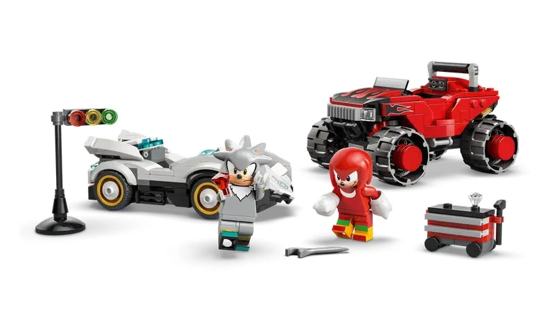 Silver the Hedgehog and Knuckles minifigures posed with Silver’s white race car, Knuckles’ red and black monster truck, toolbox, tools and starting light on a white background