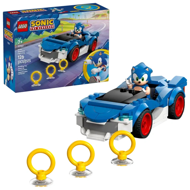LEGO Sonic Speedster Lightning set showing retail box beside the blue race car with Sonic seated inside and three gold ring accessories on a white background