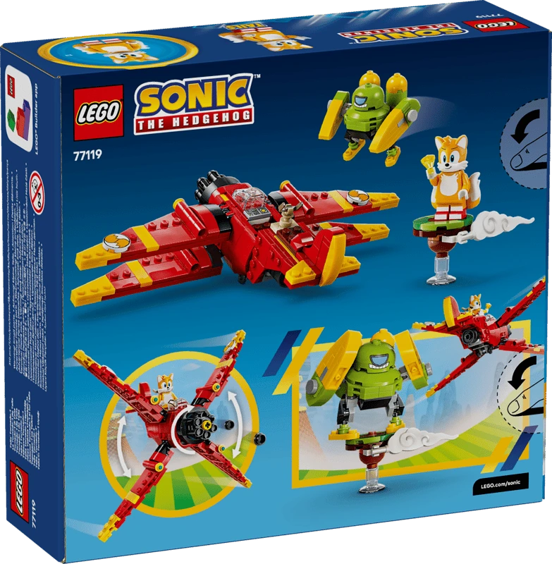 Back of the LEGO Sonic the Hedgehog Tails' Tornado-1 77119 box showing the red biplane, Tails, Egg Chaser and wing movement images