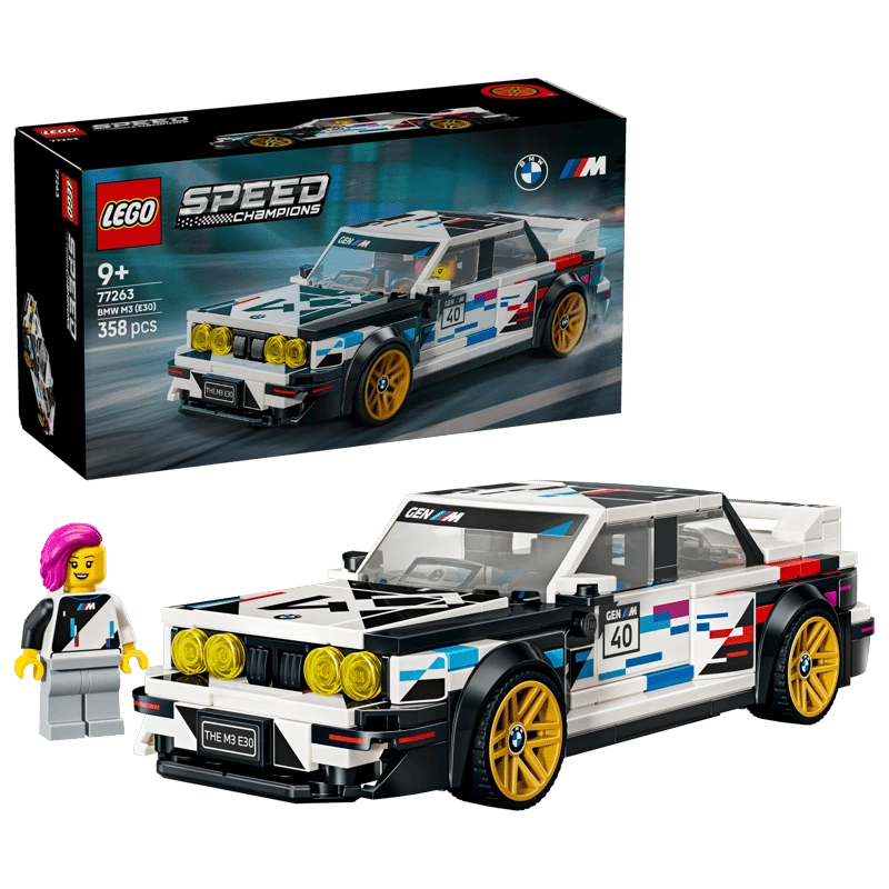 LEGO Speed Champions BMW M3 (E30) 77263 box beside the completed car and BMW driver minifigure