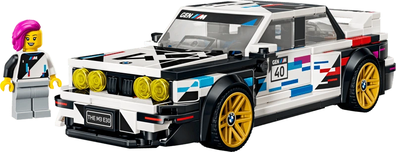 Front three quarter view of the LEGO Speed Champions BMW M3 (E30) 77263 with gold wheels and the BMW driver minifigure