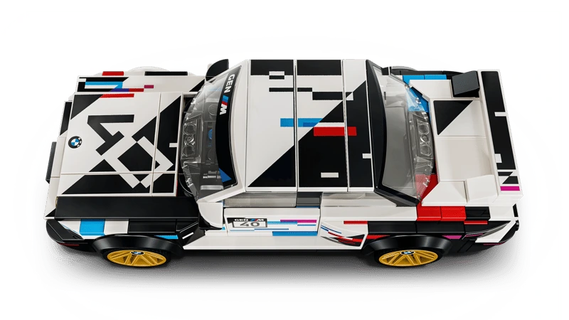Top view of the LEGO Speed Champions BMW M3 (E30) 77263 showing the roof, bonnet graphics and rear wing