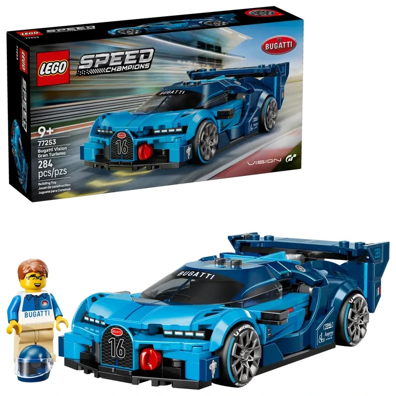 LEGO Speed Champions Bugatti Vision Gran Turismo Hyper Sports Car displayed beside the product box, showing the blue race car model and driver minifigure in a Bugatti outfit