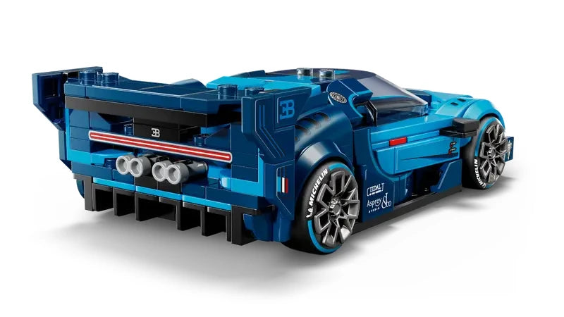 Rear angled view of the LEGO Speed Champions Bugatti Vision Gran Turismo Hyper Sports Car showing the rear wing, taillight strip, exhaust details and diffuser styling