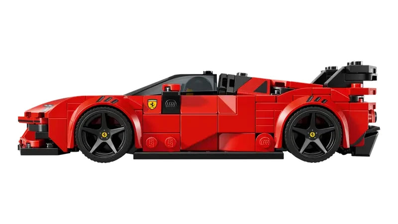 Side profile of the LEGO Speed Champions Ferrari SF90 XX Stradale showing cab forward design, sculpted bodywork, and rear wing