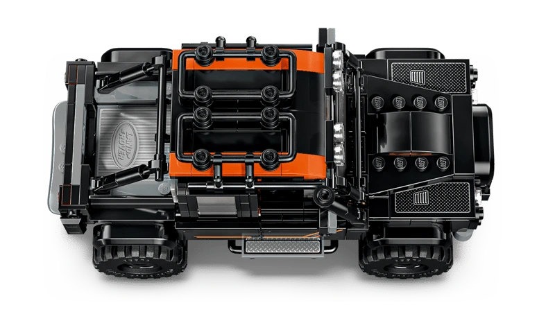 Top view of the black LEGO Speed Champions Land Rover Defender 77264 model showing the roof rack