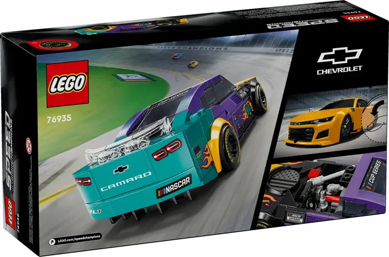 Back of LEGO Speed Champions NASCAR Next Gen Chevrolet Camaro ZL1 box highlighting race details and rear view photography in Ireland.