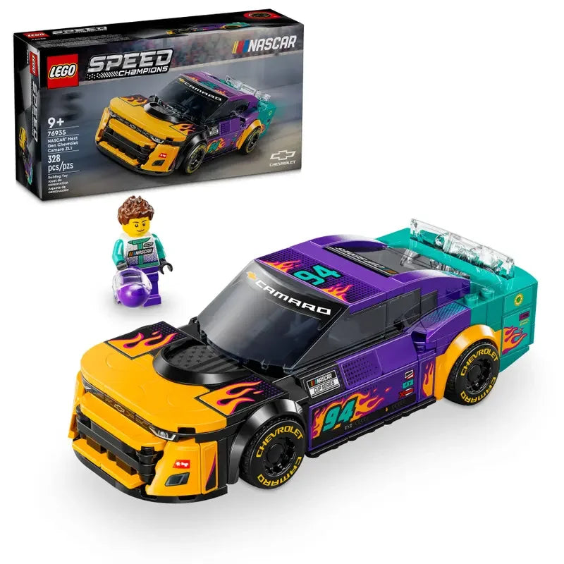 LEGO Speed Champions NASCAR Next Gen Chevrolet Camaro ZL1 with driver minifigure and display box on clean white background in Ireland.