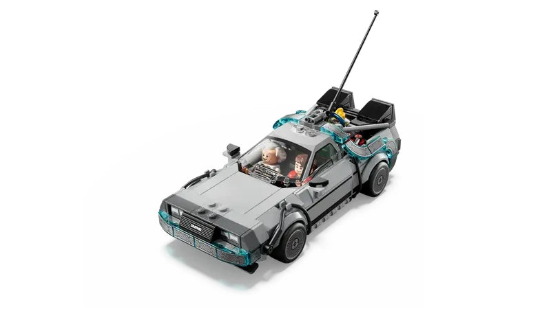 Angled front view of the LEGO Speed Champions Time Machine from Back to the Future showing the grey body, blue transparent details, rear components and two minifigures seated in the cockpit
