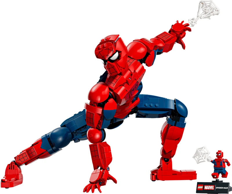 LEGO Spider-Man figure posed with web accessories, Spider-Man minifigure and nameplate