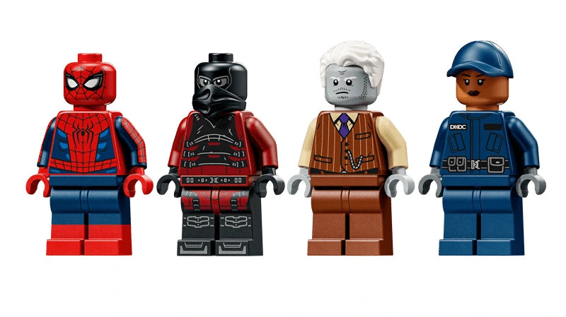 Four LEGO Marvel minifigures including Spider-Man, a black and red masked figure, a white-haired figure and a blue uniformed guard