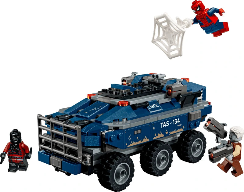 LEGO blue prison transport vehicle with Spider-Man, two minifigures and web pieces