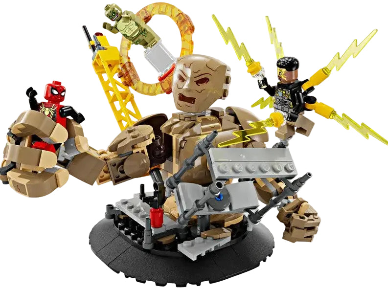 LEGO Marvel Spider-Man vs. Sandman Final Battle 76280 front action pose with Electro and Lizard in Ireland