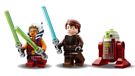 LEGO Star Wars Ahsoka Tano Anakin Skywalker and R7 droid minifigures standing together on white background