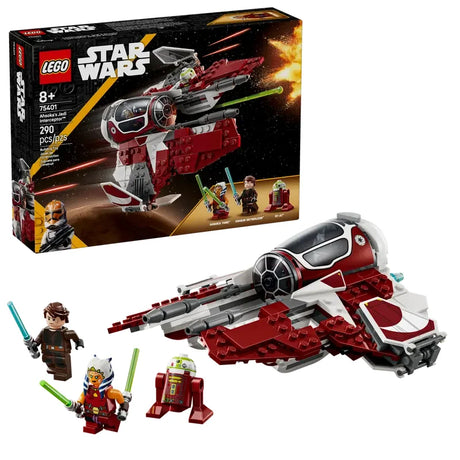 LEGO Star Wars Ahsokas Jedi Interceptor set with box starfighter Anakin Ahsoka and R7 droid minifigures on white background