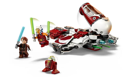 LEGO Star Wars Ahsokas Jedi Interceptor with wings open and three minifigures posed for battle on white background