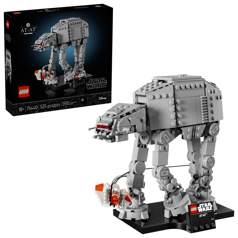 LEGO Star Wars AT-AT 75440 retail box beside the completed grey walker, Rebel Snowspeeder, black display stand and Star Wars nameplate.