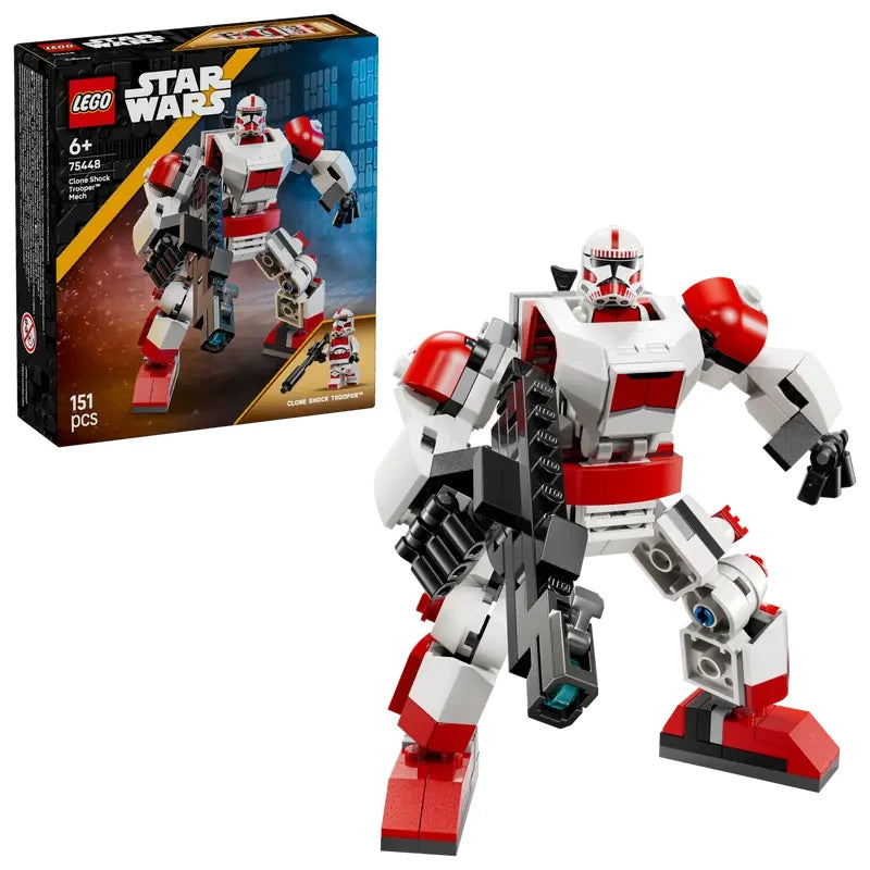 LEGO Star Wars Clone Shock Trooper Mech set shown with the retail box beside the completed red and white mech holding a large blaster, posed standing on a white background