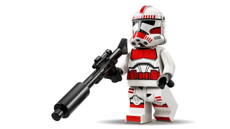 Clone Shock Trooper minifigure shown separately, wearing red and white armour and helmet and holding a long black blaster rifle