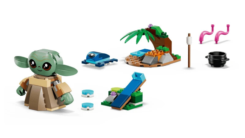 LEGO Star Wars Grogu’s Homestead parts laid out on a white background, showing the Grogu figure, blue catapult, small landscape section with palm leaves, cooking pot, tentacle pieces, marshmallow on a stick, and blue macaron accessories