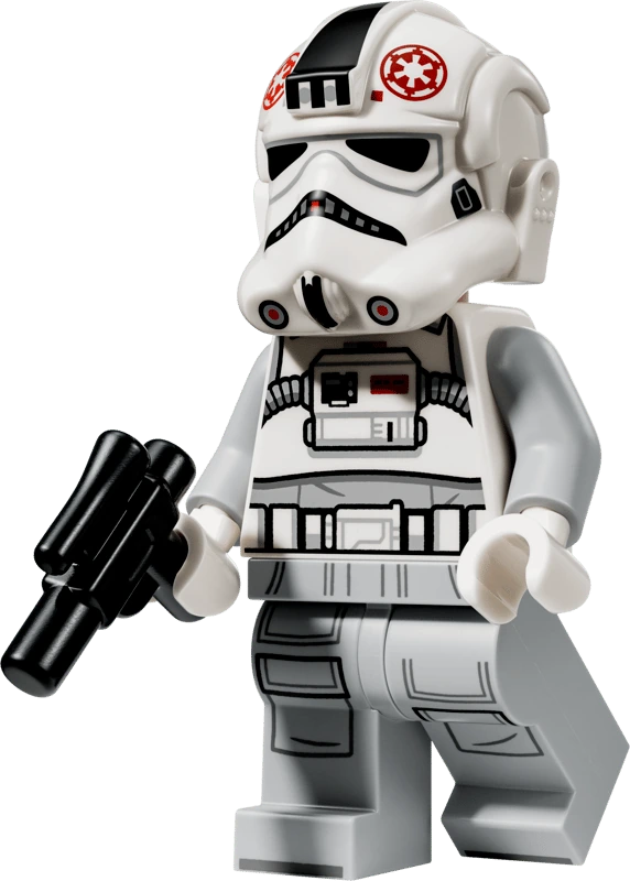 LEGO Star Wars AT-AT Driver minifigure from set 75454 wearing a white Imperial helmet with red insignia, grey armour and carrying a black blaster.
