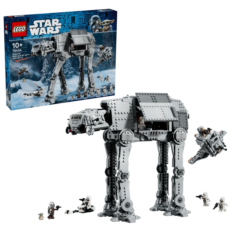 LEGO Star Wars Imperial Remnant AT-AT with INT-4 set 75454 showing the retail box alongside the assembled walker, escape pod and minifigures.