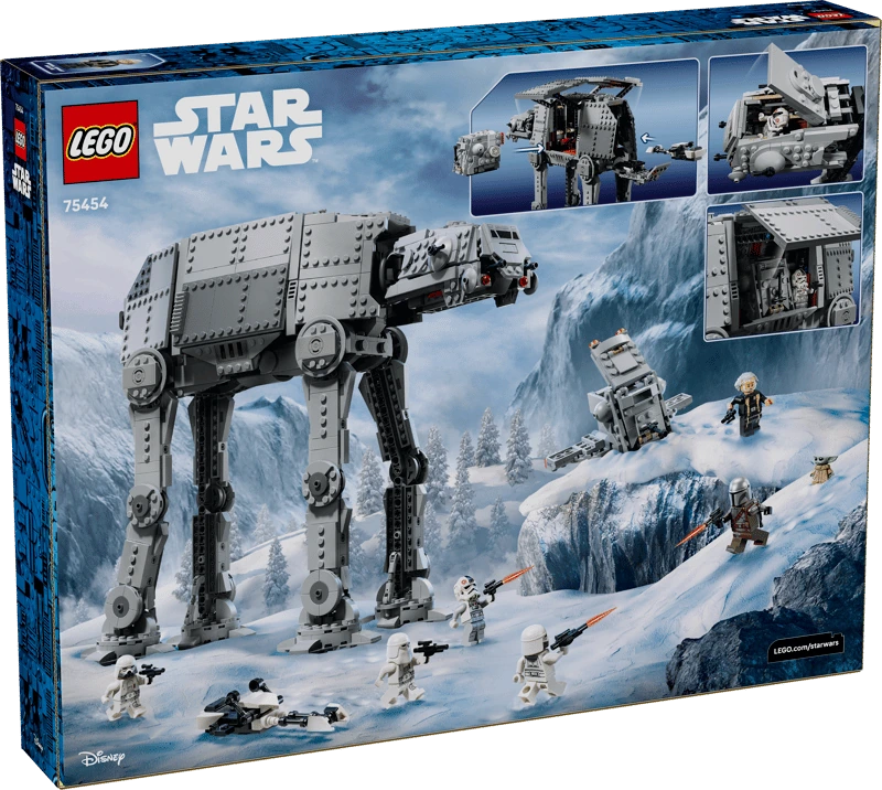 Rear packaging of LEGO Star Wars Imperial Remnant AT-AT with INT-4 set 75454 showing the walker in a snowy scene and close-up views of its features.