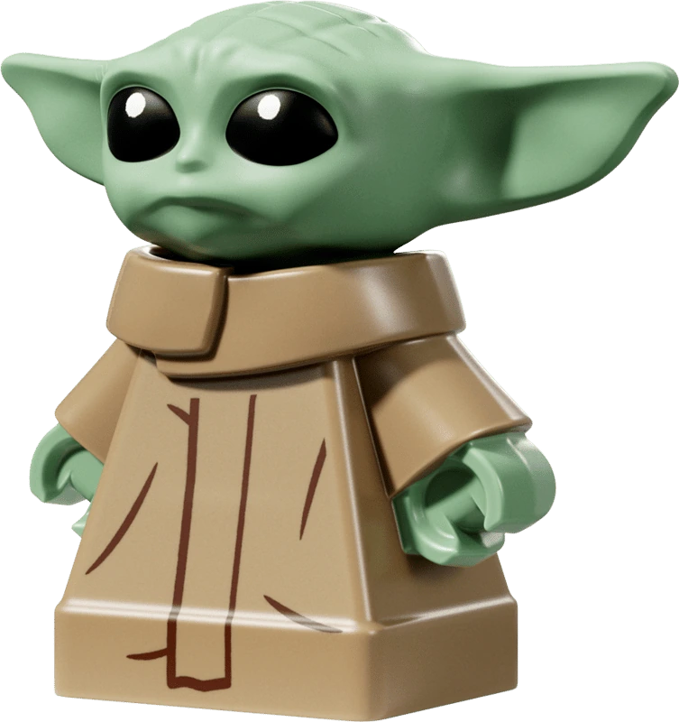 LEGO Star Wars Grogu figure from Imperial Remnant AT-AT set 75454 with green ears, large black eyes and tan robes.