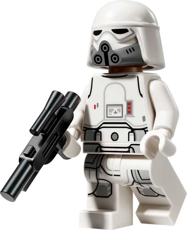 LEGO Star Wars Imperial Remnant Snowtrooper minifigure from set 75454 wearing white armour and a helmet with a grey face mask, holding a black blaster.