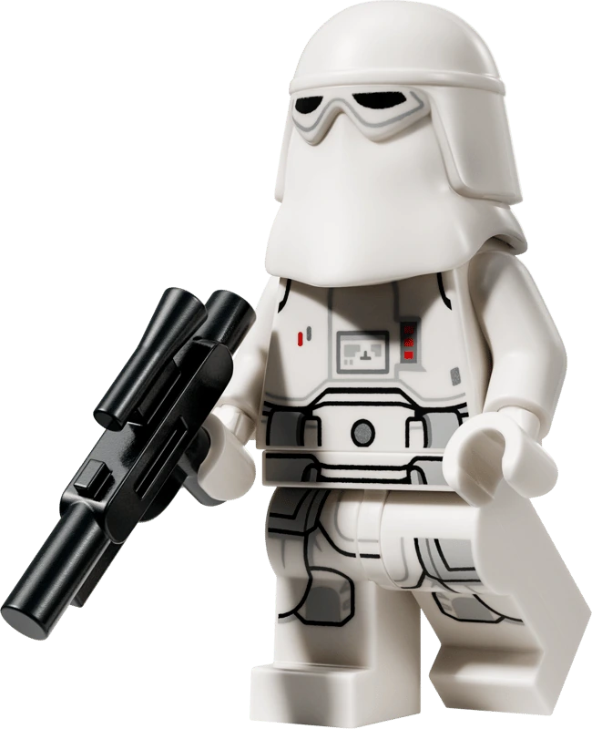 LEGO Star Wars Snowtrooper minifigure from set 75454 wearing white armour, a long white protective helmet covering the face and carrying a black blaster.