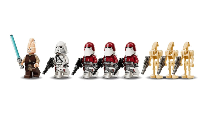 Ki-Adi-Mundi with a blue lightsaber, one white clone trooper, three red and white clone troopers and three tan battle droids