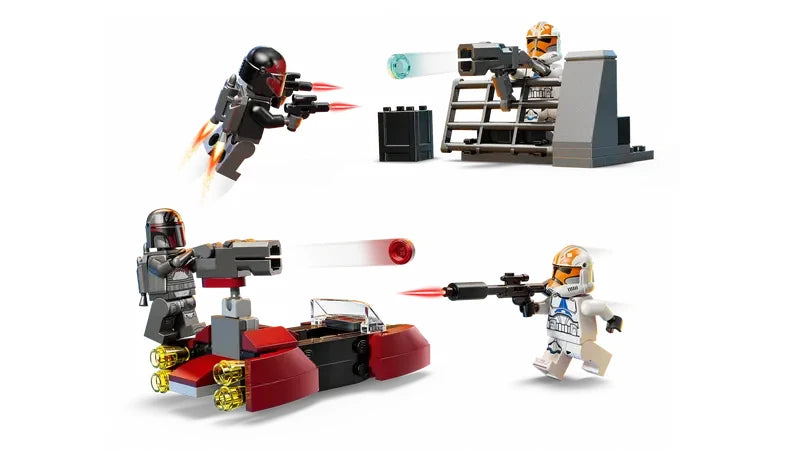 Action layout showing the Mandalorian speeder with mounted stud shooter, the Clone Trooper barricade with turret, and minifigures positioned separately around the builds on a white background