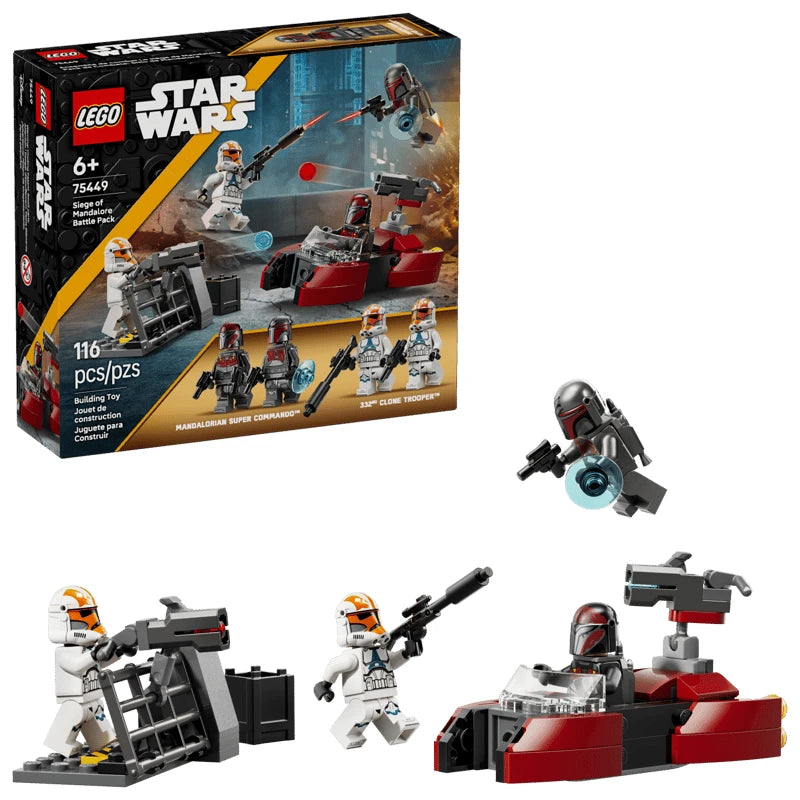 LEGO Star Wars Siege of Mandalore Battle Pack set shown with the retail box beside the completed builds, including the Mandalorian speeder, Clone Trooper barricade, and minifigures arranged around the scene