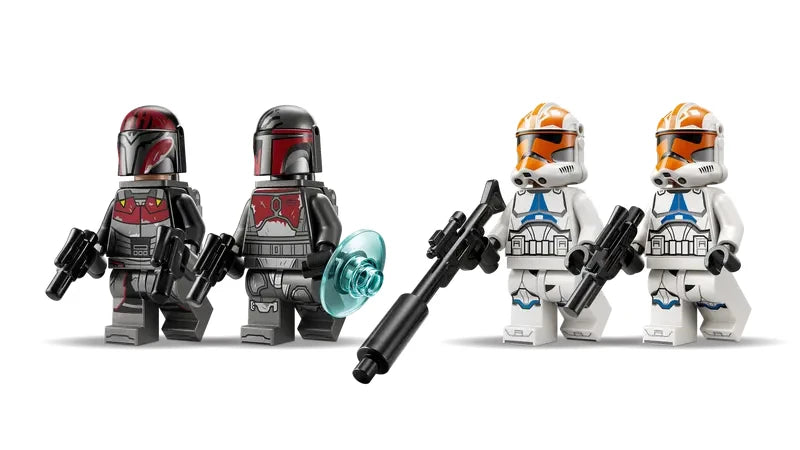 Four LEGO Star Wars minifigures lined up side by side, showing two Mandalorian Super Commandos in dark armour and two 332nd Clone Troopers in white and orange armour, holding their blaster accessories.