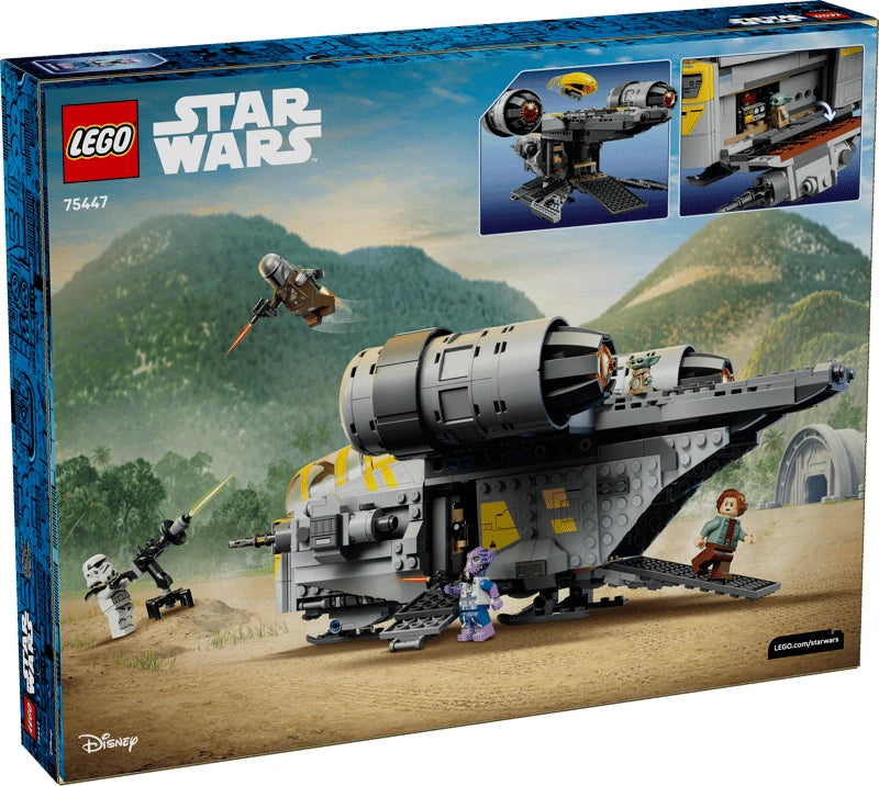 Back of the LEGO Star Wars The Razor Crest box showing the completed starship, opening compartments, cockpit and character scenes