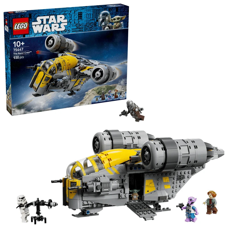 LEGO Star Wars The Razor Crest retail box beside the completed yellow and grey starship with Grogu and four minifigures