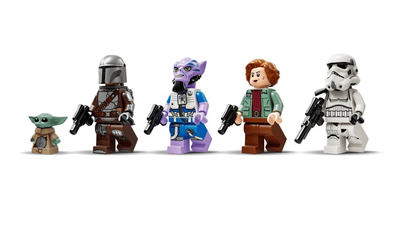 Grogu, The Mandalorian, Zeb Orrelios, Colonel Ward and an Imperial Remnant Stormtrooper arranged in a line