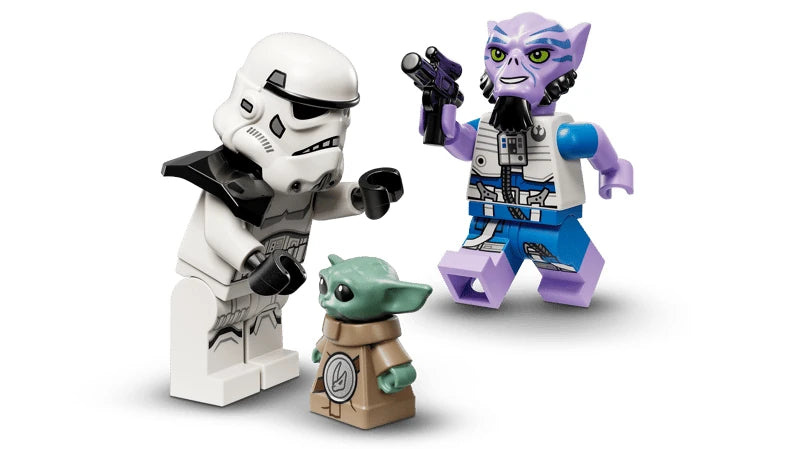 Grogu standing between an Imperial Remnant Stormtrooper and Zeb Orrelios holding a purple blaster