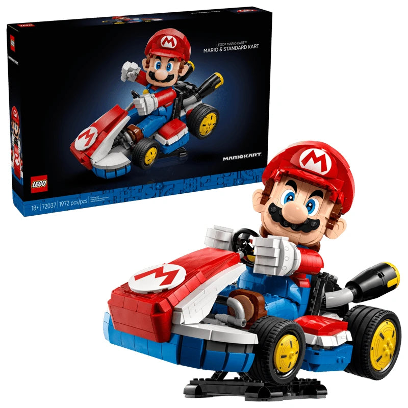 LEGO Super Mario Mario Kart Mario & Standard Kart box beside the completed model on its black display stand