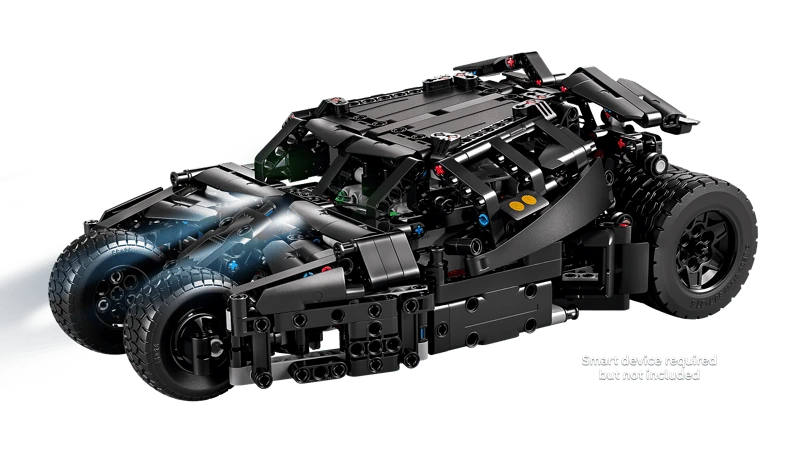 Front three quarter view of the LEGO Technic Batmobile Tumbler 42239 with a blue light effect across the front