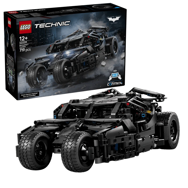 LEGO Technic Batmobile Tumbler 42239 box beside the completed black vehicle model